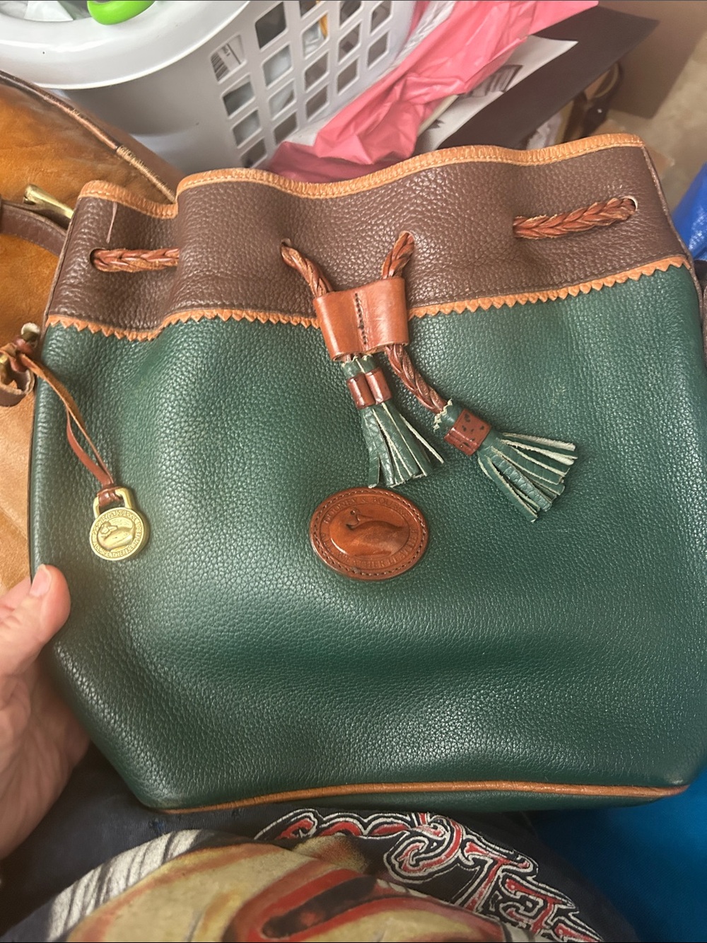 Vintage Dooney & Bourke Green and Brown Leather Drawstring Bucket Bag